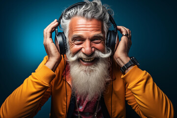 Happy funny crazy senior man grandfather DJ with a beard and headphones 