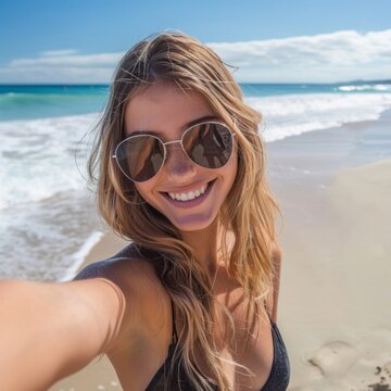 Happy young woman in and sunglasses takes a selfie on the beach