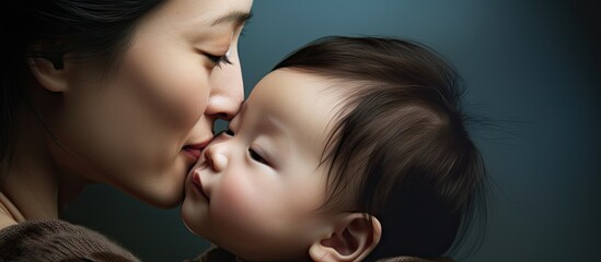 Mother bonding with her adorable infant by tenderly kissing its gentle cheeks