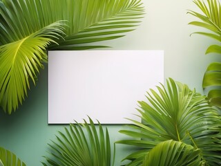 Tropical palm leaves and blank paper card on green wall background.