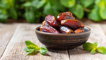 Dried date and green mint in a bowl on old wooden table close up. selective focus, bokeh, copy space - Powered by Adobe