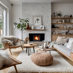 A cozy Scandinavian living room with a focus on natural elements, featuring wooden furniture, stone accents, and soft textiles for a warm and inviting ambiance.