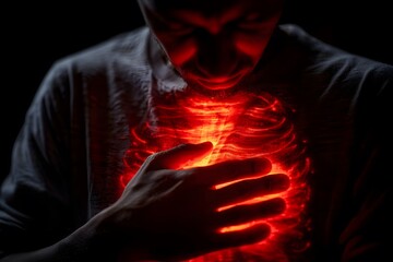 A fictional character grimaces in pain, holding his chest as his heart glows red in the darkness. The gesture conveys heat and distress in a flash photography scene. Health Problems. Medical topic - obrazy, fototapety, plakaty