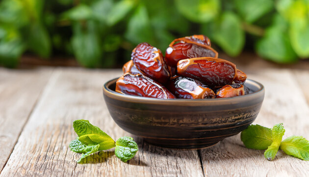 Dried date and green mint in a bowl on old wooden table close up. selective focus, bokeh, copy space
