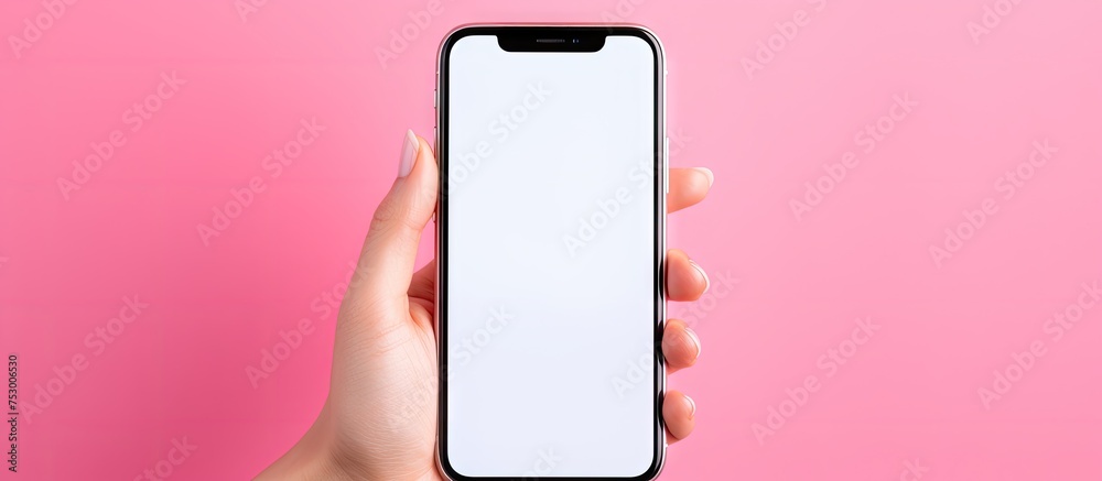 Poster connected in digital world: person displaying smartphone with blank screen for customization