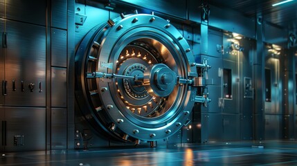 Secure Financial Technology Vault Door with Futuristic Interface. the concept of robust security measures in banking systems. - obrazy, fototapety, plakaty