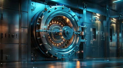 Foto op Plexiglas Secure Financial Technology Vault Door with Futuristic Interface. the concept of robust security measures in banking systems. © saichon