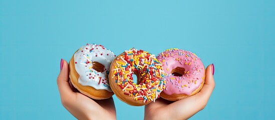 Indulging in Sweet Treats: Two Delicious Donuts Held in Hand with Tempting Sprinkles - obrazy, fototapety, plakaty