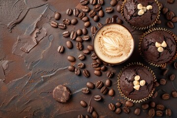 Chocolate and cocoa browny muffins with coffee cappuccino in cup top view on brown rustic stone background, sweet homemade dark chocolate cupcakes. 