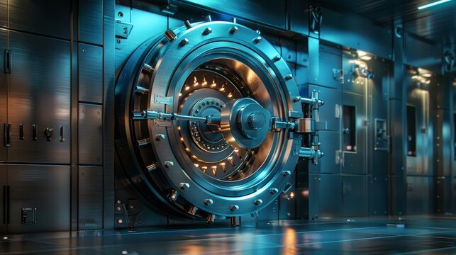 Secure Financial Technology Vault Door with Futuristic Interface. the concept of robust security measures in banking systems.