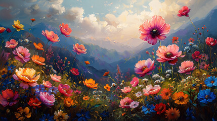 Flowers oil paintings landscape - obrazy, fototapety, plakaty