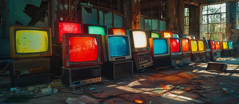 Many outdated computer monitors abandoned as a pile of garbage. Environmental problems that come from electronic waste