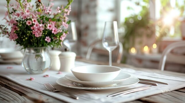 Table setting, white plate elegance in Pastel themed dinner party, soft wooden backdrop