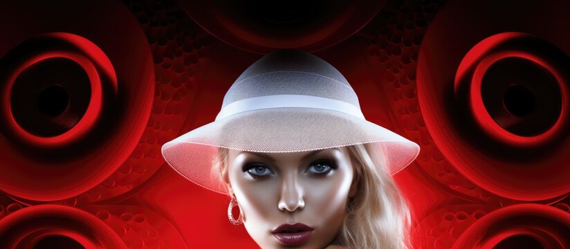 Chic Woman in a Stylish Hat Poses Against Vibrant Red Background