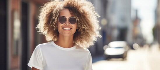 Stylish Woman Exuding Confidence with Curly Hair and Trendy Sunglasses