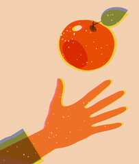 A hand throwing a red apple into the air, printed on a risograph. Vector illustration
