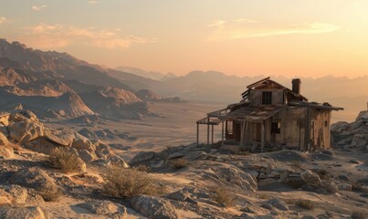 Abandoned house in the desert at sunset. - obrazy, fototapety, plakaty
