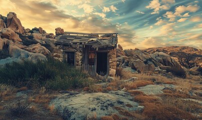 Abandoned house in the desert at sunset.