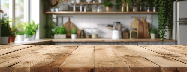 beautiful natural wooden table with kitchen background 