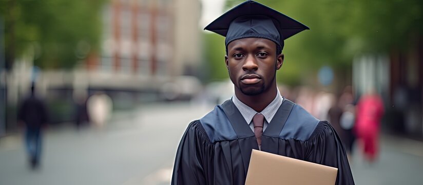 Proud Graduate Celebrating Achievement with a Graduation Gown and Diploma Folder