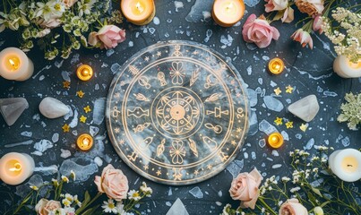 Astrological symbols on a black stone with candles and flowers.