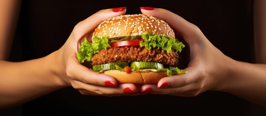Savoring Fast Food Joy: Young Woman Indulging in a Delicious Burger Treat - obrazy, fototapety, plakaty