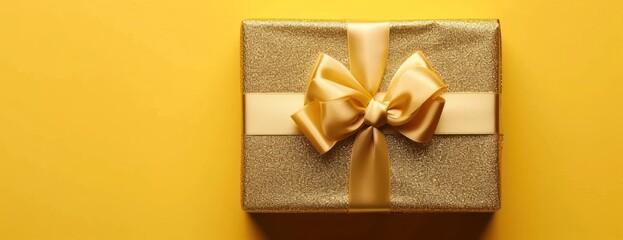 gift box with golden satin ribbon and bow on yellow background holiday gift with birthday o