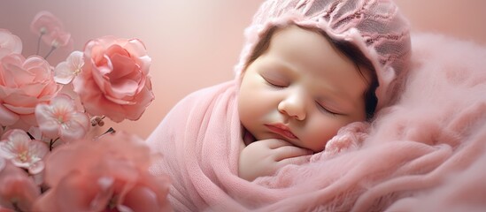 Peaceful Infant Resting in Pink Swaddle Surrounded by Colorful Blooms in Fresh Springtime Scene