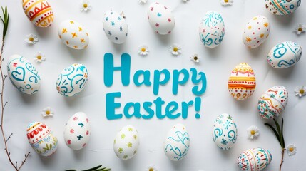 Fototapeta na wymiar Happy Easter. Greeting banner postcard with decorative eggs in nest on white background.
