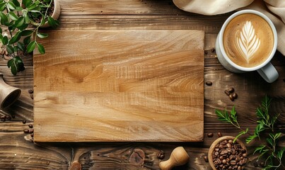 Wooden cutting board with cup of coffee on table, top view