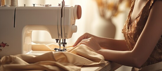 Creative Seamstress Using a Sewing Machine to Craft a Handmade Fabric Creation - obrazy, fototapety, plakaty