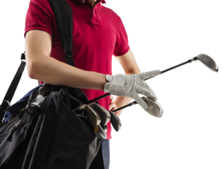 Close up. Golf player in a red shirt isolated on transparent background. Professional player practicing with emotions and facial expression. Sport, motion, action concept.