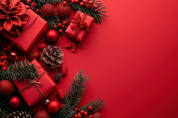 Christmas or New Year celebration red paper festive background with decoration fir tree, wrapped present boxes, cones, berries, sparkly red balls. Space for text.