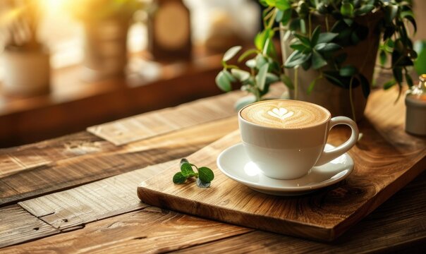 Coffee cup on the wooden table in cafe, stock photo