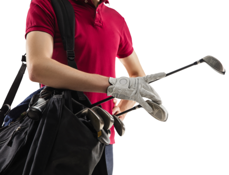 Close up. Golf player in a red shirt isolated on transparent background. Professional player practicing with emotions and facial expression. Sport, motion, action concept.