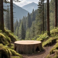 photo natural close up 3d podium with wooden table forest in mountains background 
