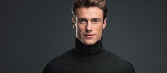 Stylish Man in a Trendy Black Turtle Neck Sweater Poses with Confidence