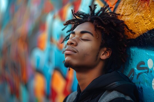 A young artist with dreadlocks and facial hair leaning against a graffiti wall with his eyes closed. Pensive state and loneliness