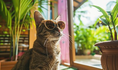 Cute tabby cat wearing sunglasses sitting on the windowsill. - obrazy, fototapety, plakaty
