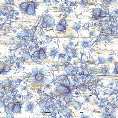 Seamless pattern with blue flowers on a white wooden background - 753008177