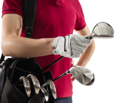 Close up. Golf player in a red shirt isolated on transparent background. Professional player practicing with emotions and facial expression. Sport, motion, action concept.