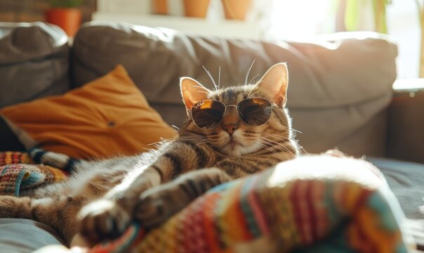 Cute tabby cat with sunglasses lying on sofa at home.