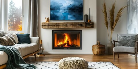 A painting adorns the wall above a cozy fireplace in a warmly decorated room with a fire. Concept Cozy Fireplace, Warm Decor, Painting on Wall, Fire Crackling