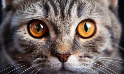 Close-up portrait of a cat with yellow eyes on a black background - obrazy, fototapety, plakaty