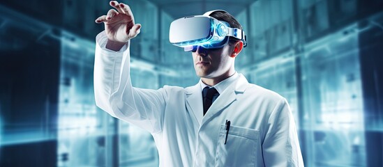 Confident Scientist Demonstrates Virtual Technology in Modern Lab Environment