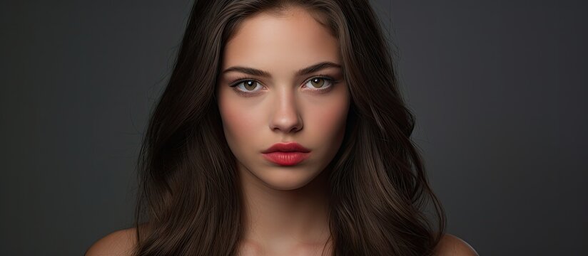 Sensual Beauty: Portrait of a Woman with Long Brown Hair and Vibrant Red Lipstick