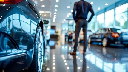 A man in a business suit is seen from behind, walking towards luxury cars on display in a bright modern showroom - obrazy, fototapety, plakaty
