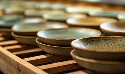 Obraz premium Ceramic tableware in a row. Selective focus.