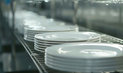 Close up of clean white plates in a row in a food factory