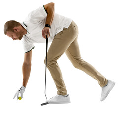 Prepares. Golf player in a white shirt practicing, playing isolated on transparent background....